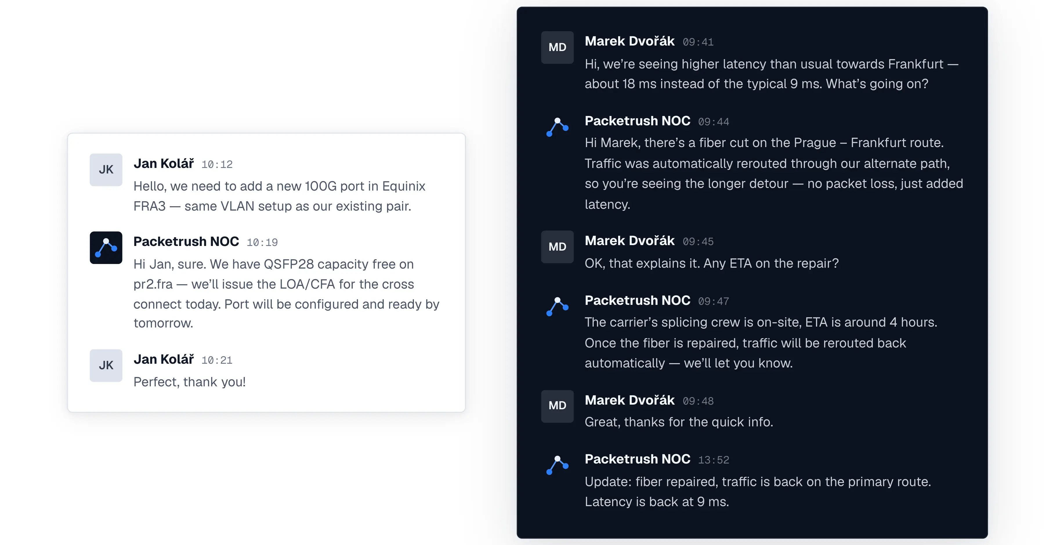 Shared Slack channel between a customer and the Packetrush NOC